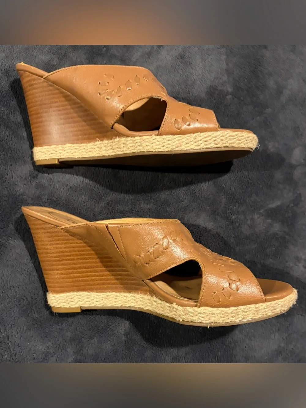 Jack Rogers Espadrille Tan Leather Cutout Slide Wedges - Size 8